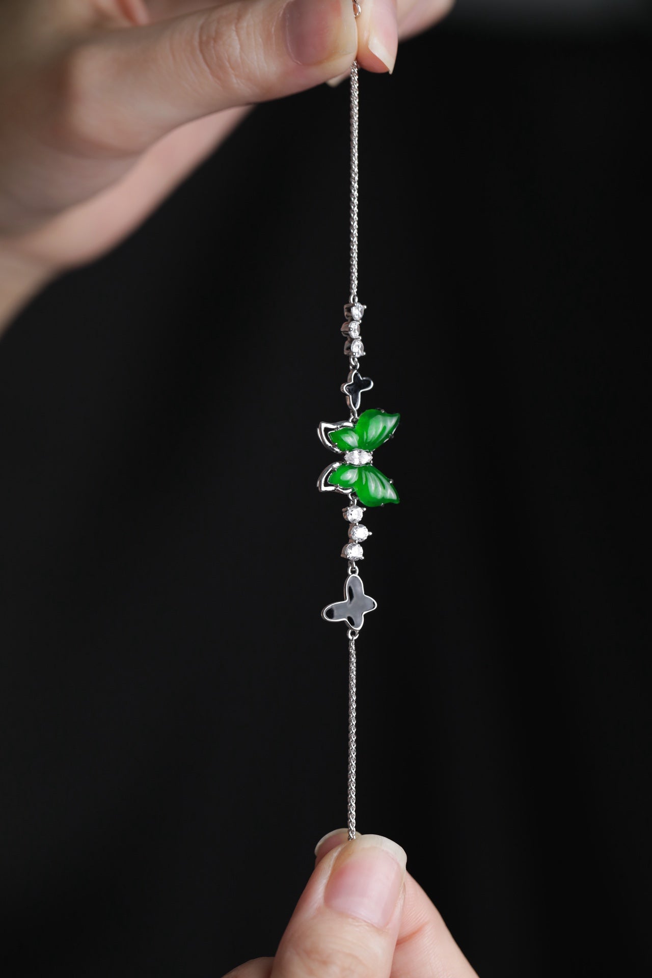 925 Silver Butterfly and Jadeite Bracelet (Overall Dimensions: 170mm x 14.3mm x 4.6mm)