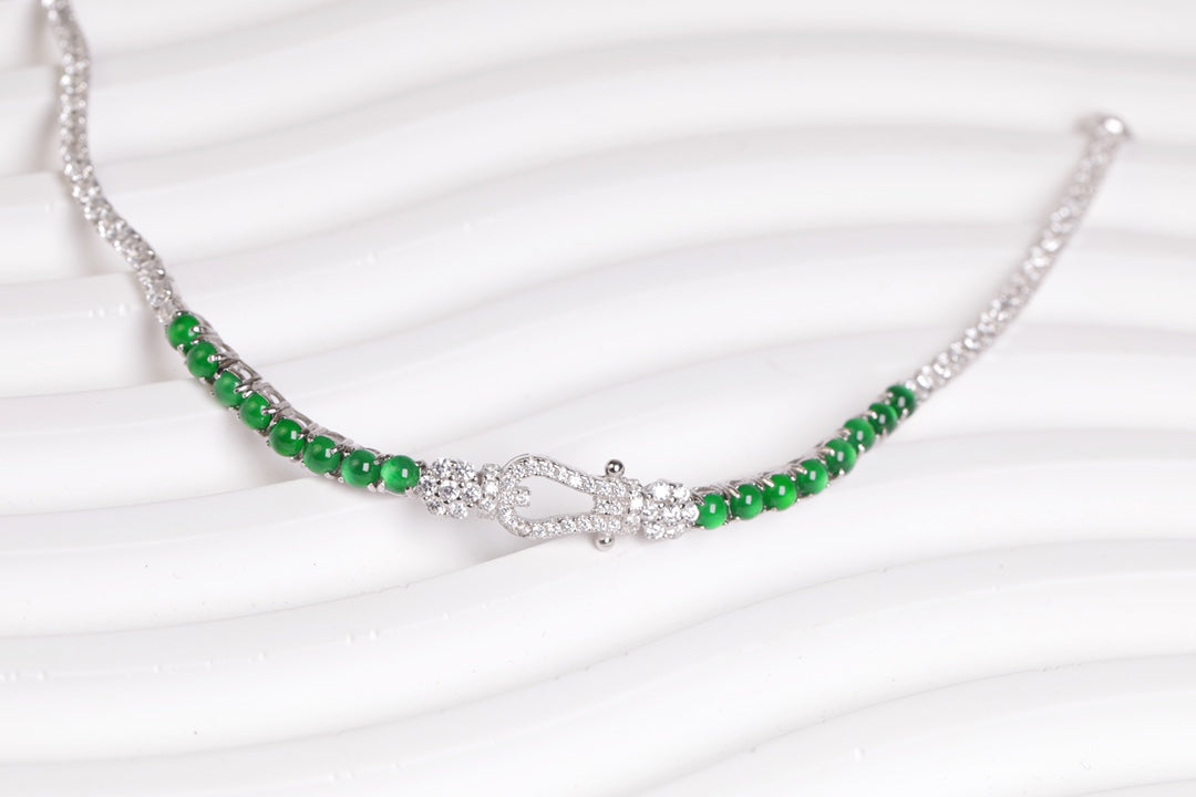 925 Silver and Oval Jadeite Cabochon Bracelet (Overall Dimensions: 200mm x 8.6mm x 4.2mm)