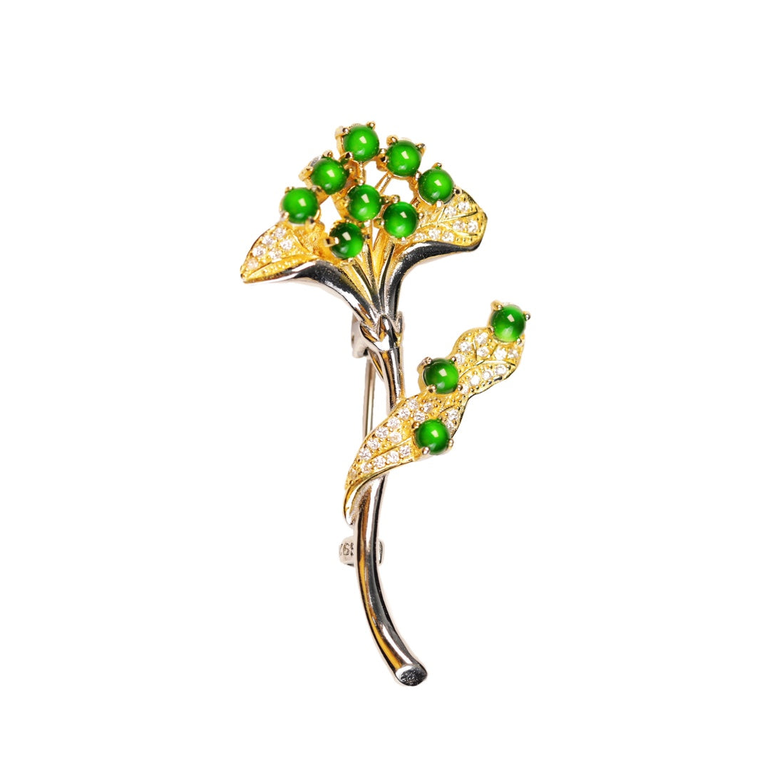 925 Silver Ginkgo Leaf and Jadeite Brooch (Overall dimensions: 46mm x 24mm x 9.5mm)