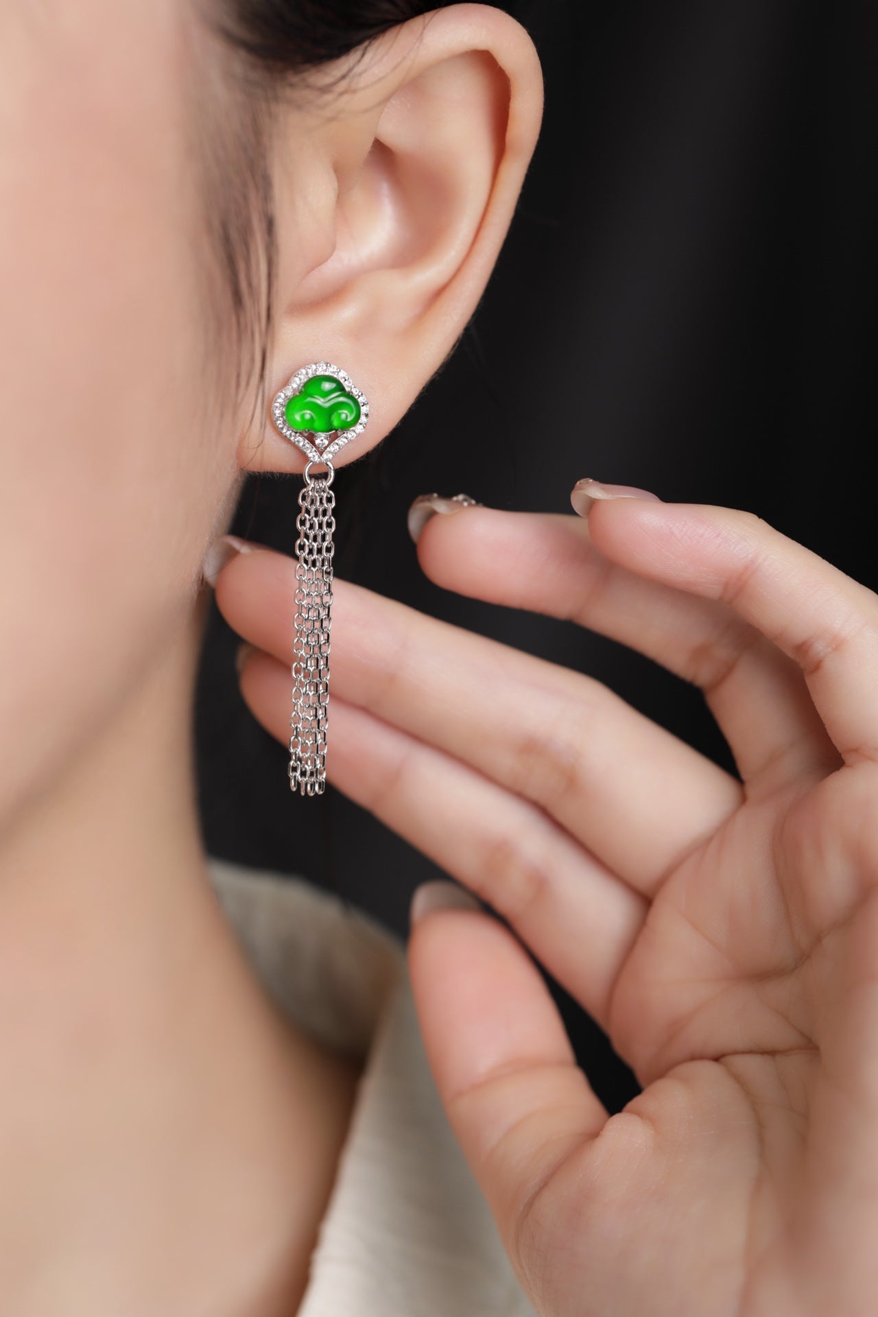925 Silver Ruyi Tassel Jadeite Stud Earrings (Overall Dimensions: 47.7mm x 11.2mm x 5.1mm)