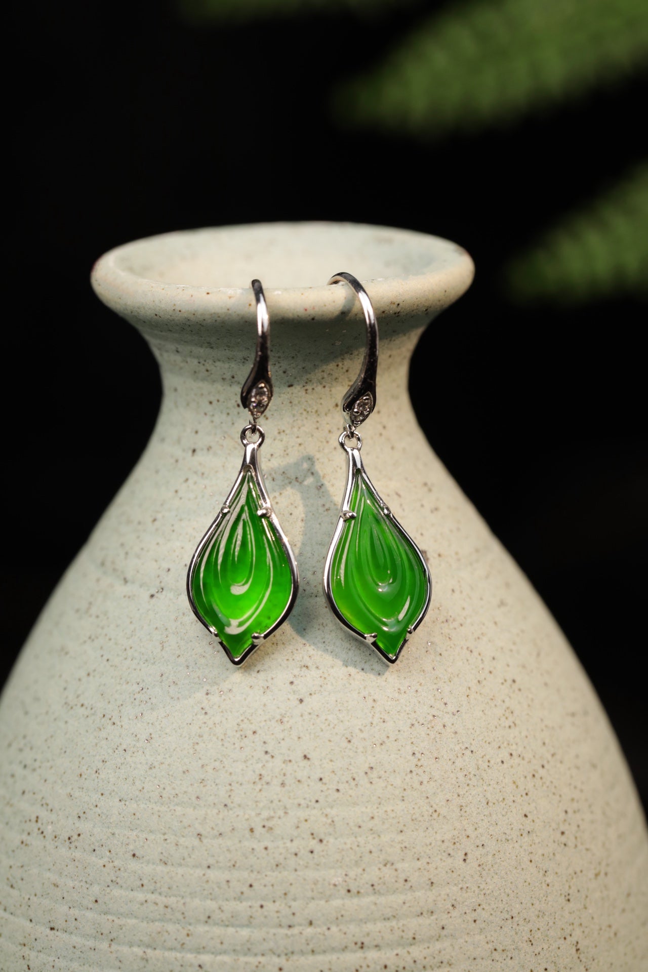 925 Silver Jadeite Stud Earrings ("Supreme Goodness is Like Water" Design) – Overall Dimensions: 30mm x 9.5mm x 3.5mm
