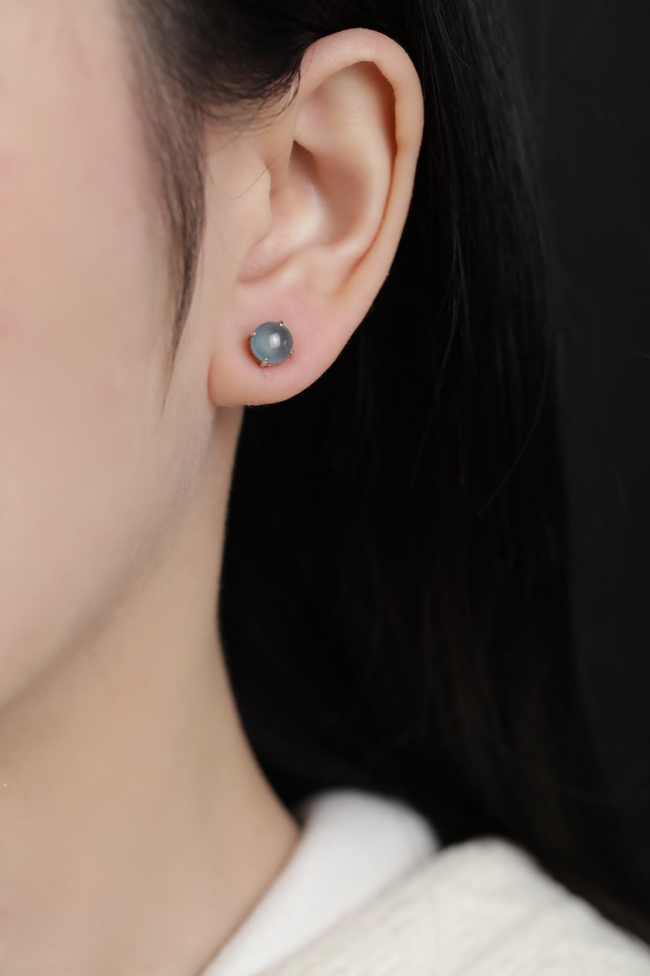 925 Silver Stud Earrings with Oval Blue-Water Jadeite Cabochons (Overall Dimensions: 6mm x 6mm x 5mm)