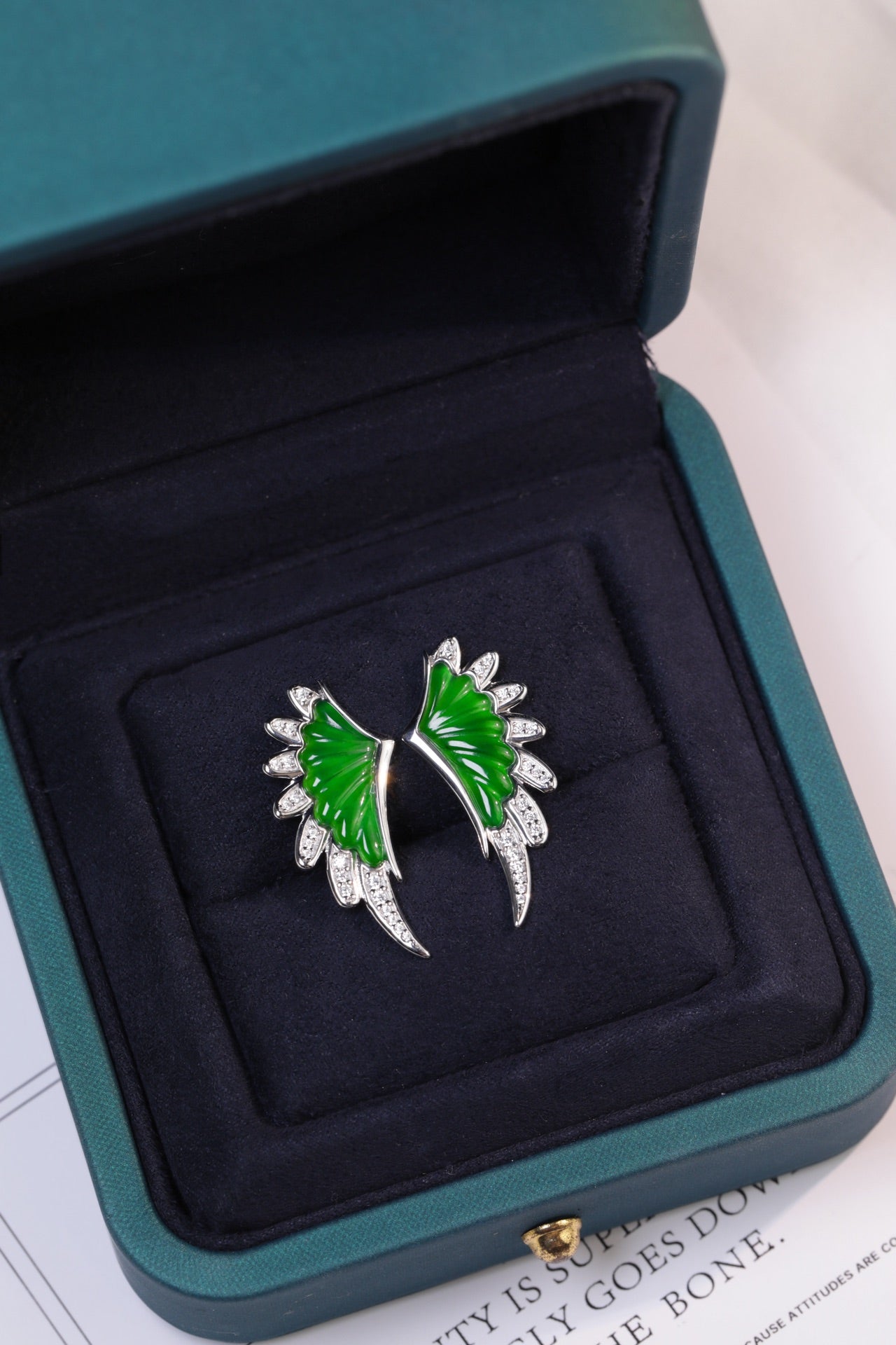925 Silver "Victorian Wings" Jadeite Stud Earrings (Overall dimensions: 29.3mm x 13mm x 3.3mm)
