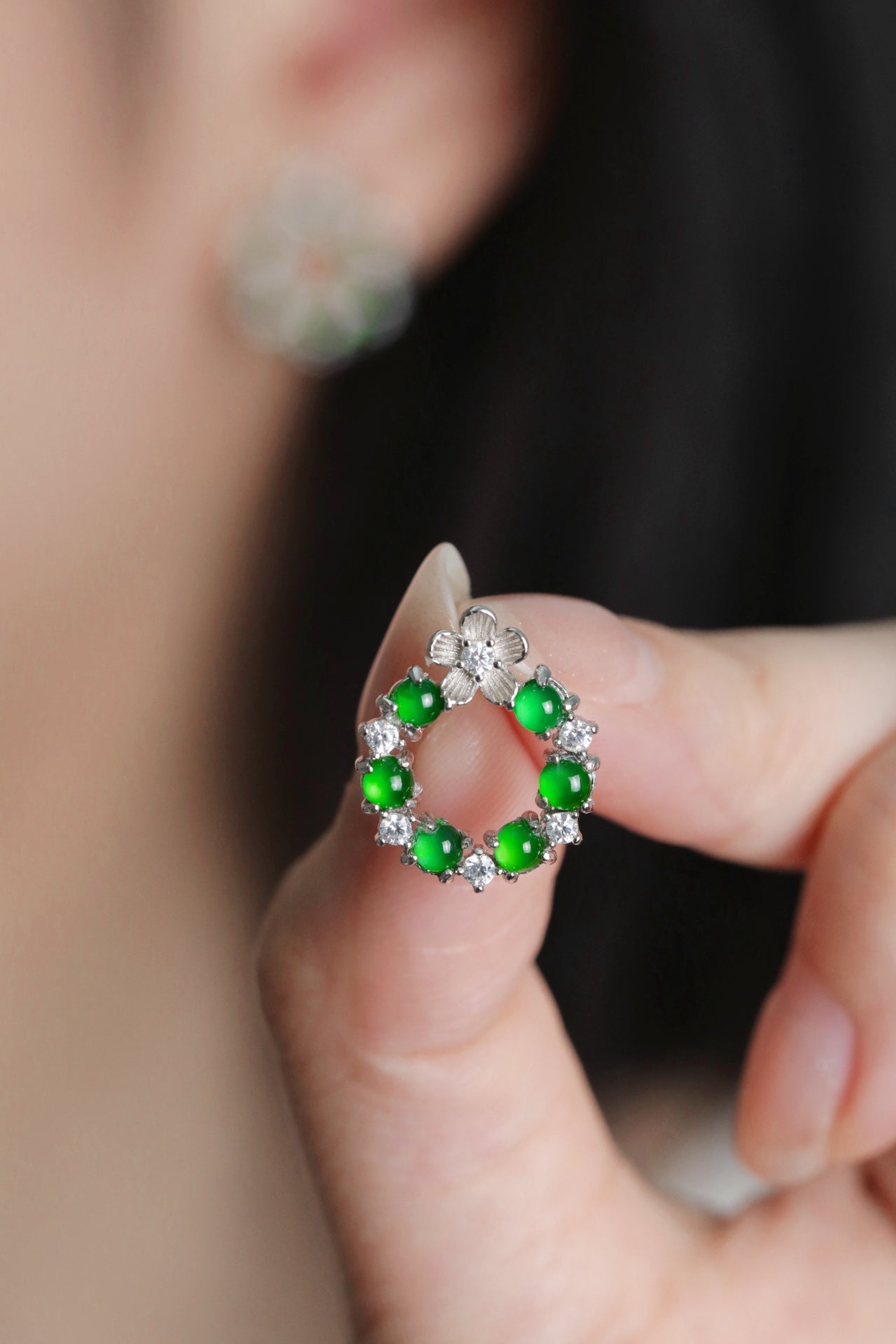 925 Silver Hoop-Style Jadeite Earrings; overall dimensions: 15.5mm x 13.3mm x 2.7mm.
