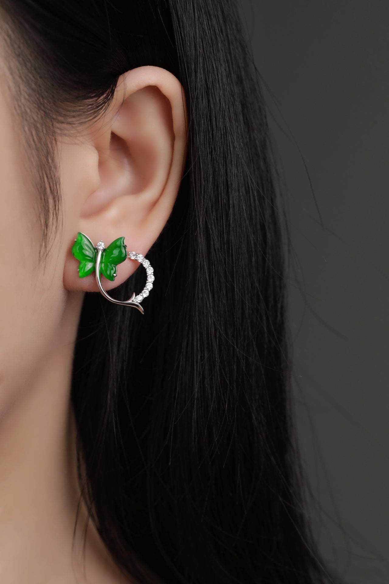925 silver and jade butterfly stud earrings; overall dimensions: 21mm x 18mm x 8.5mm.