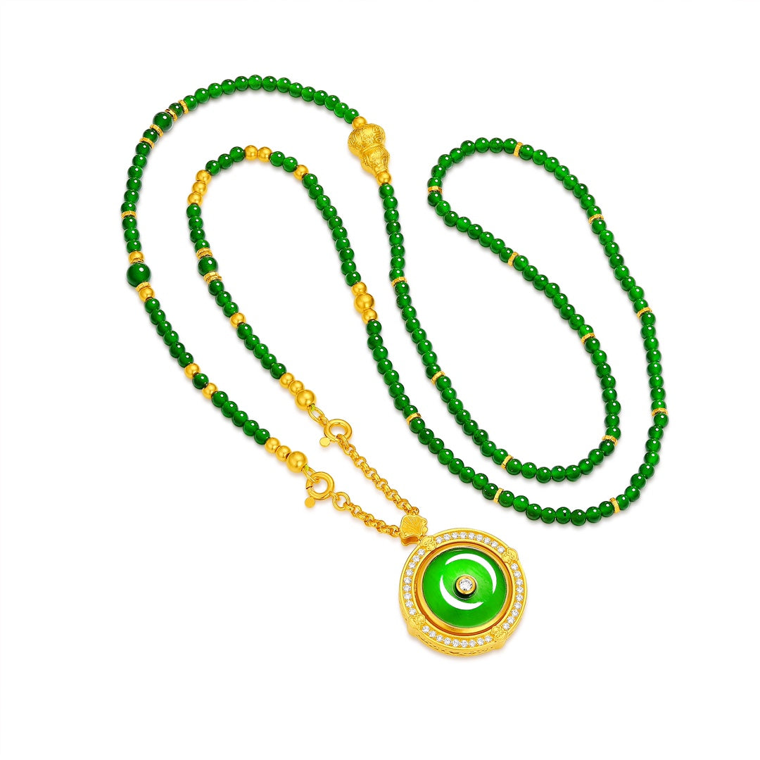 Pure Gold "Peace Buckle" and Jade Bead Necklace (Net Gold Weight: 17.464g)