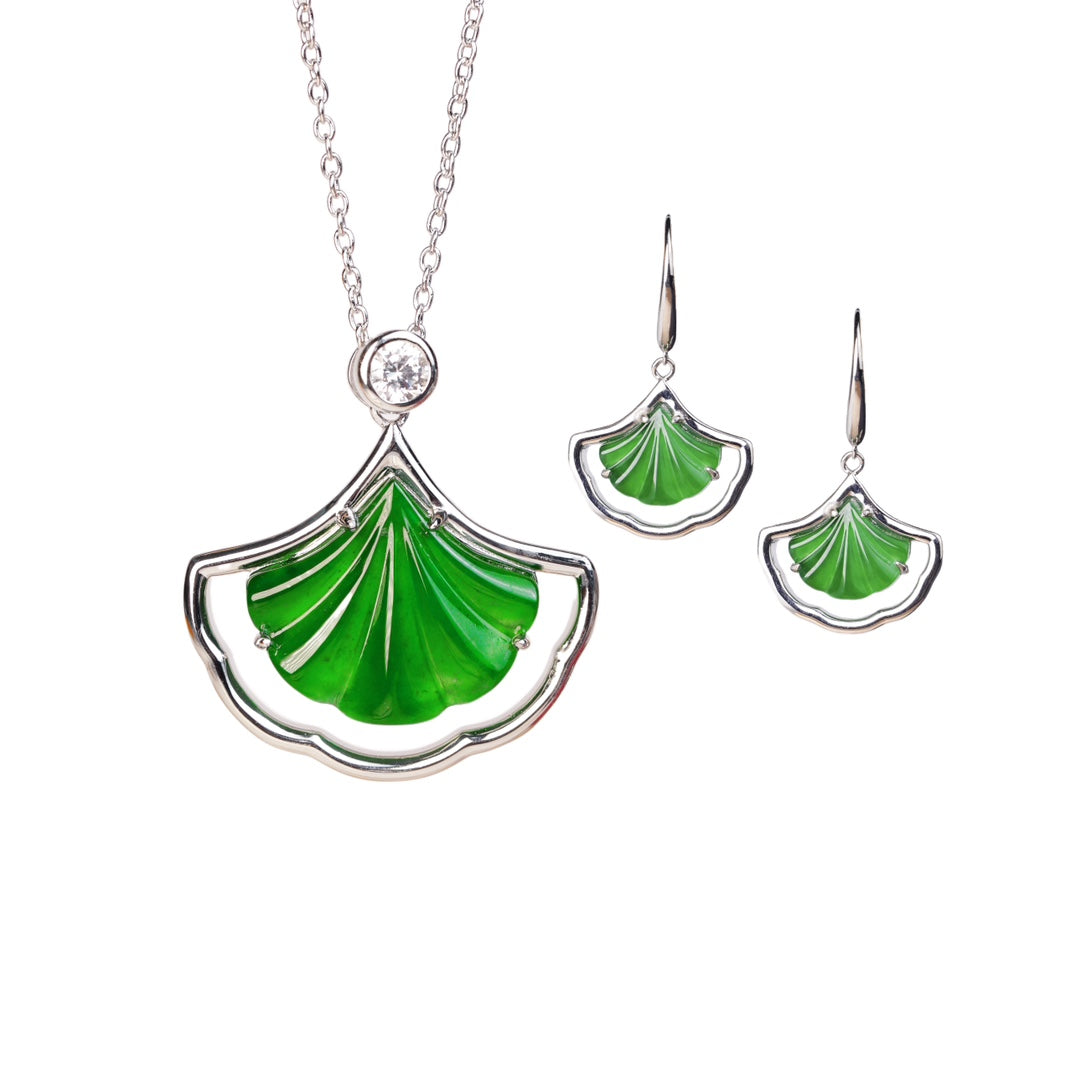 925 Silver Ginkgo Leaf Jade Necklace and Earring Set
