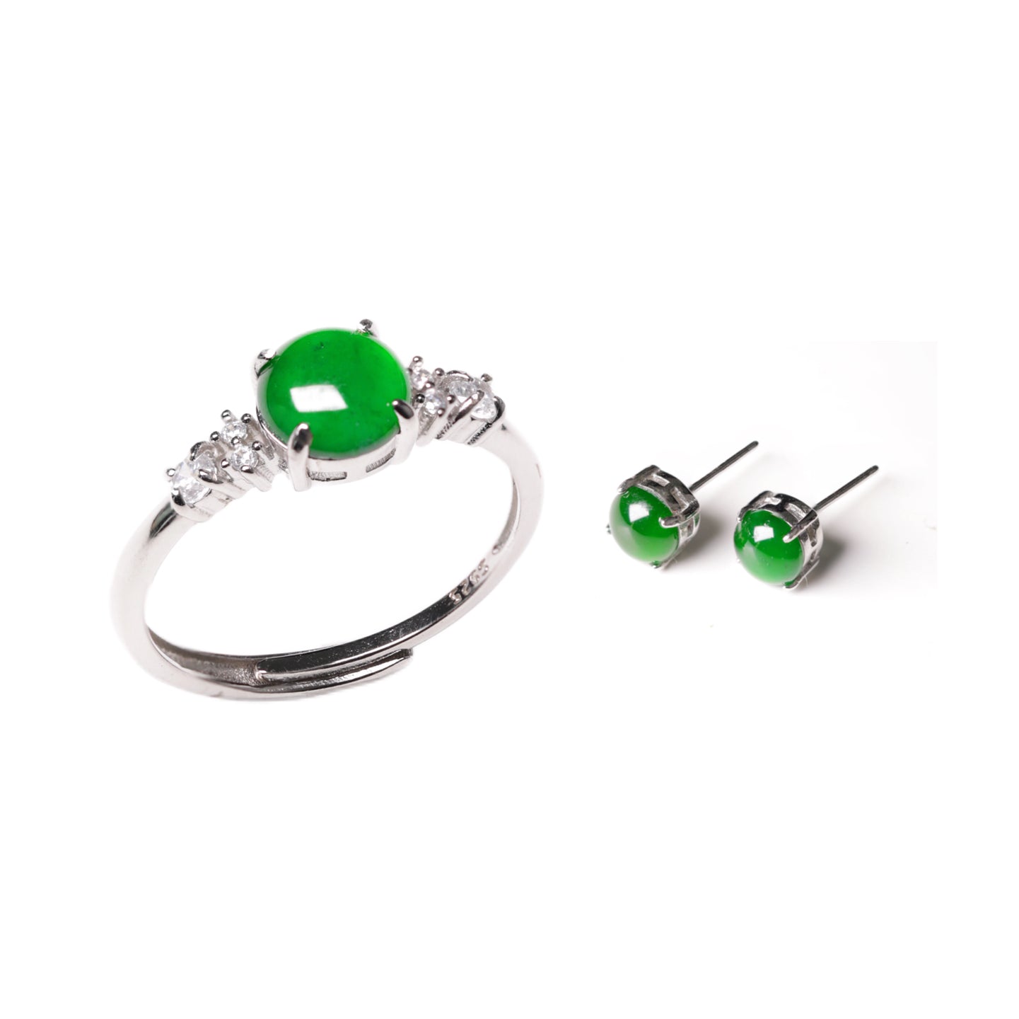925 Silver Jadeite Ring and Stud Earring Set (Oval Cabochon)