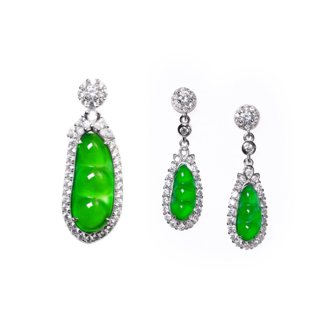 925 Silver Jade "Lucky Bean" Pendant and Ear Stud Set