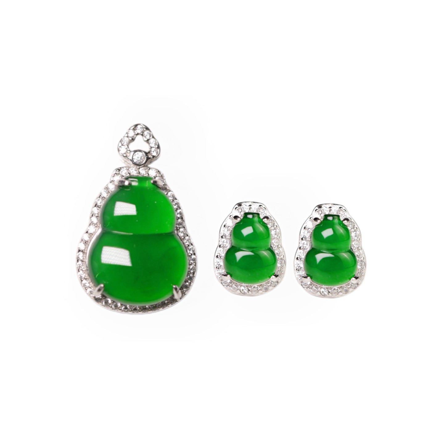 925 Silver Gourd Jade Necklace and Ear Stud Set