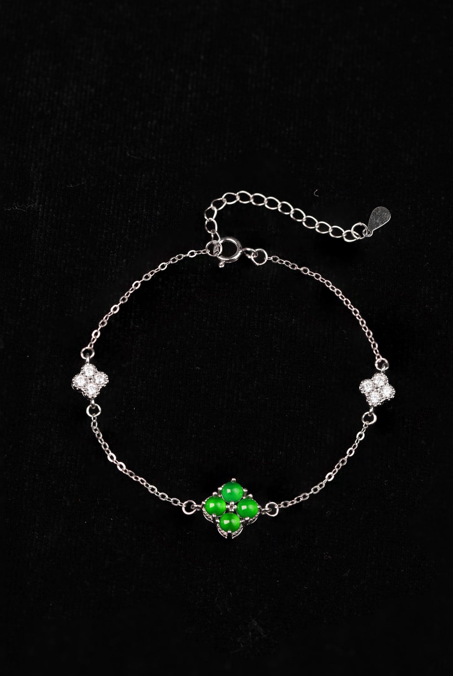 925 Silver Four-Leaf Clover and Jadeite Bracelet (Overall Dimensions: 200mm x 9.5mm x 3.7mm)