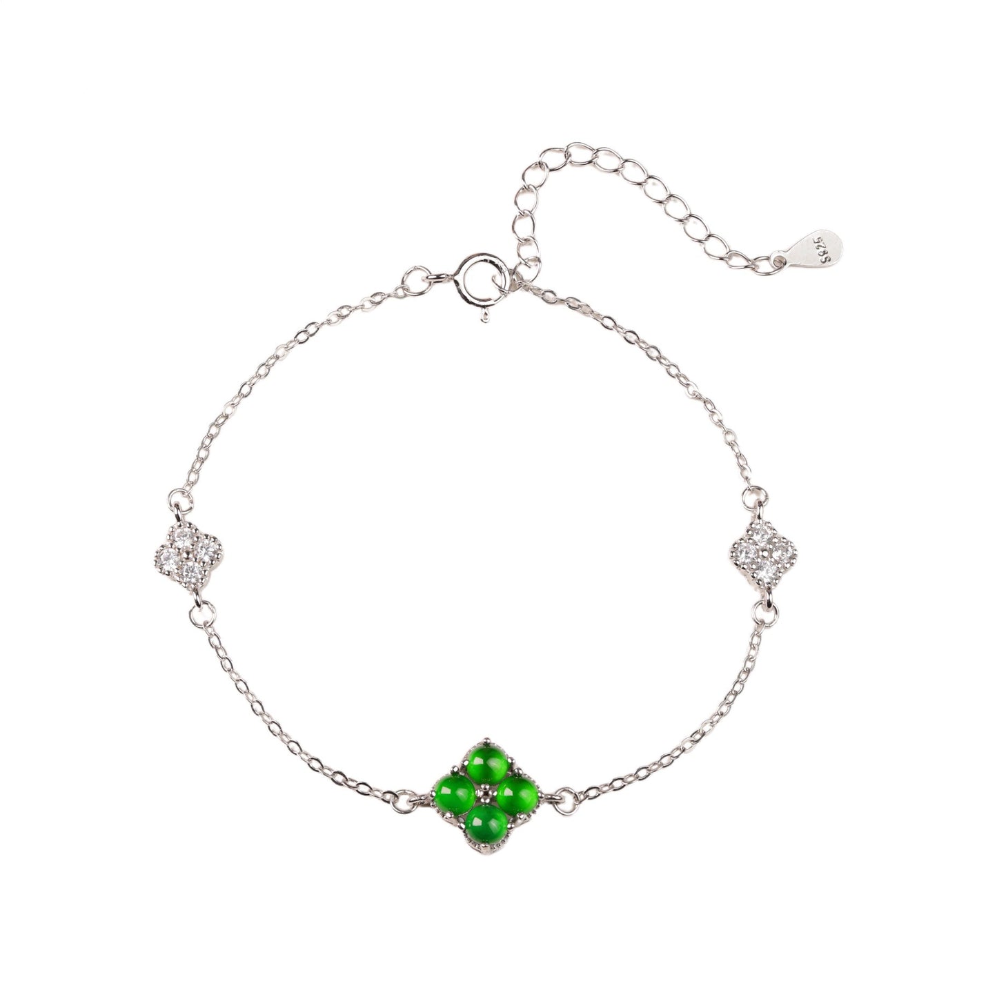 925 Silver Four-Leaf Clover and Jadeite Bracelet (Overall Dimensions: 200mm x 9.5mm x 3.7mm)