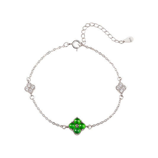 925 Silver Four-Leaf Clover and Jadeite Bracelet (Overall Dimensions: 200mm x 9.5mm x 3.7mm)