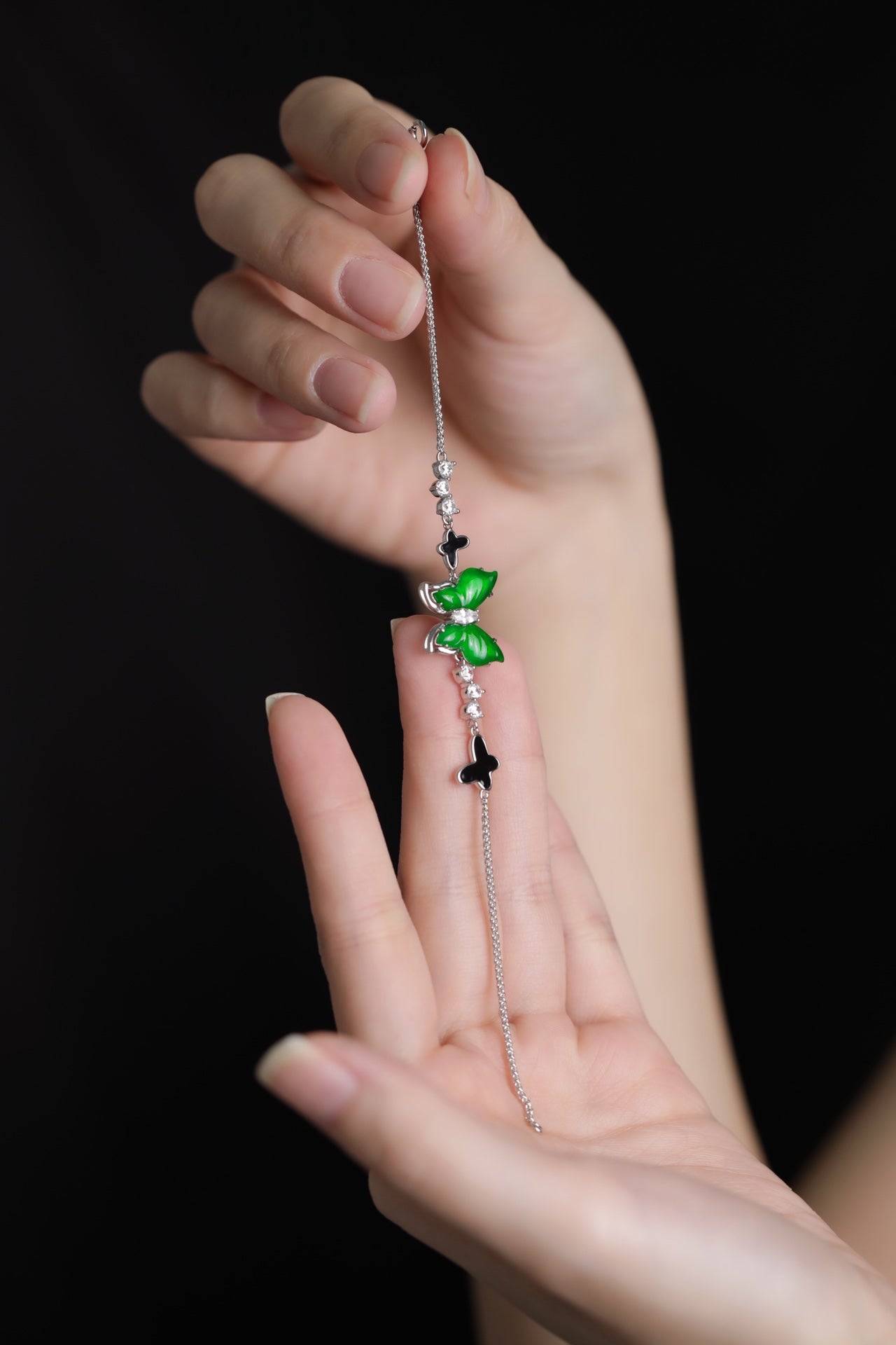 925 Silver Butterfly and Jadeite Bracelet (Overall Dimensions: 170mm x 14.3mm x 4.6mm)