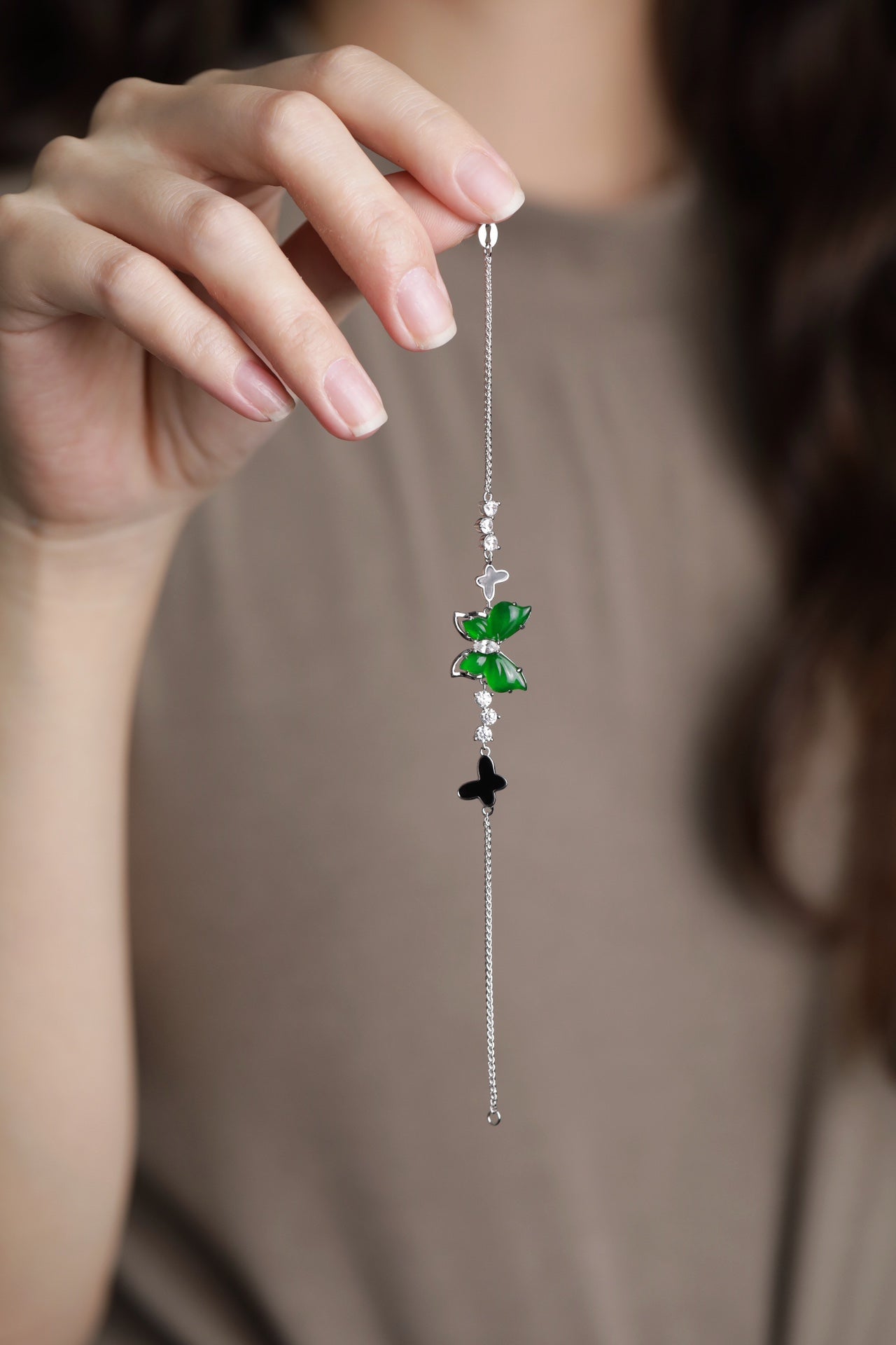 925 Silver Butterfly and Jadeite Bracelet (Overall Dimensions: 170mm x 14.3mm x 4.6mm)