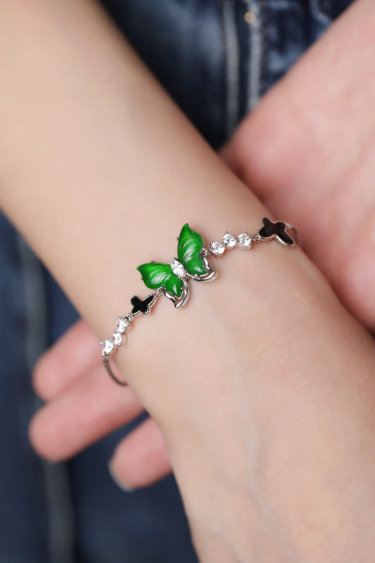 925 Silver Butterfly and Jadeite Bracelet (Overall Dimensions: 170mm x 14.3mm x 4.6mm)