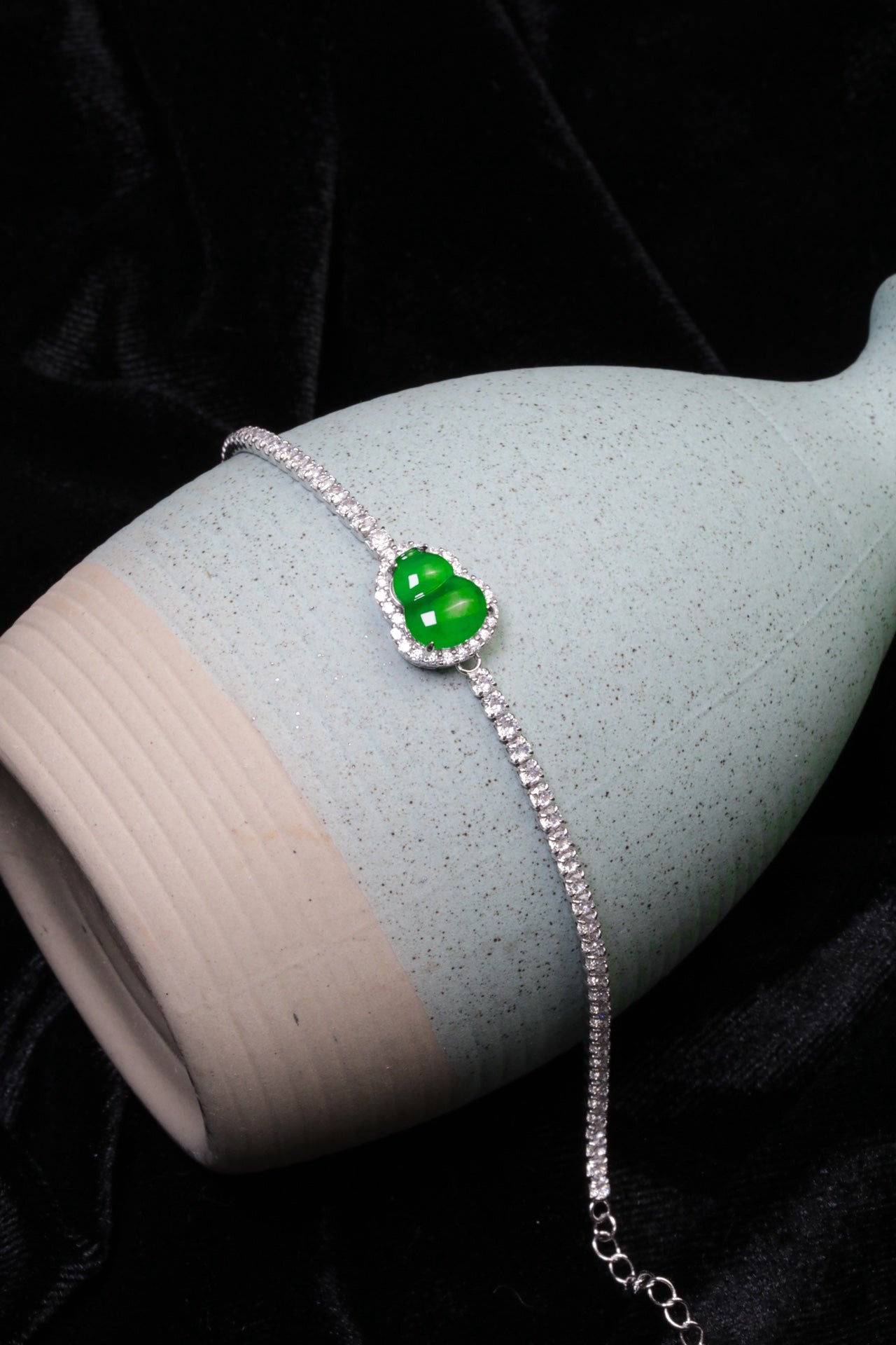 925 Silver Gourd and Jadeite Bracelet (Overall dimensions: 220mm x 10.2mm x 5.5mm)