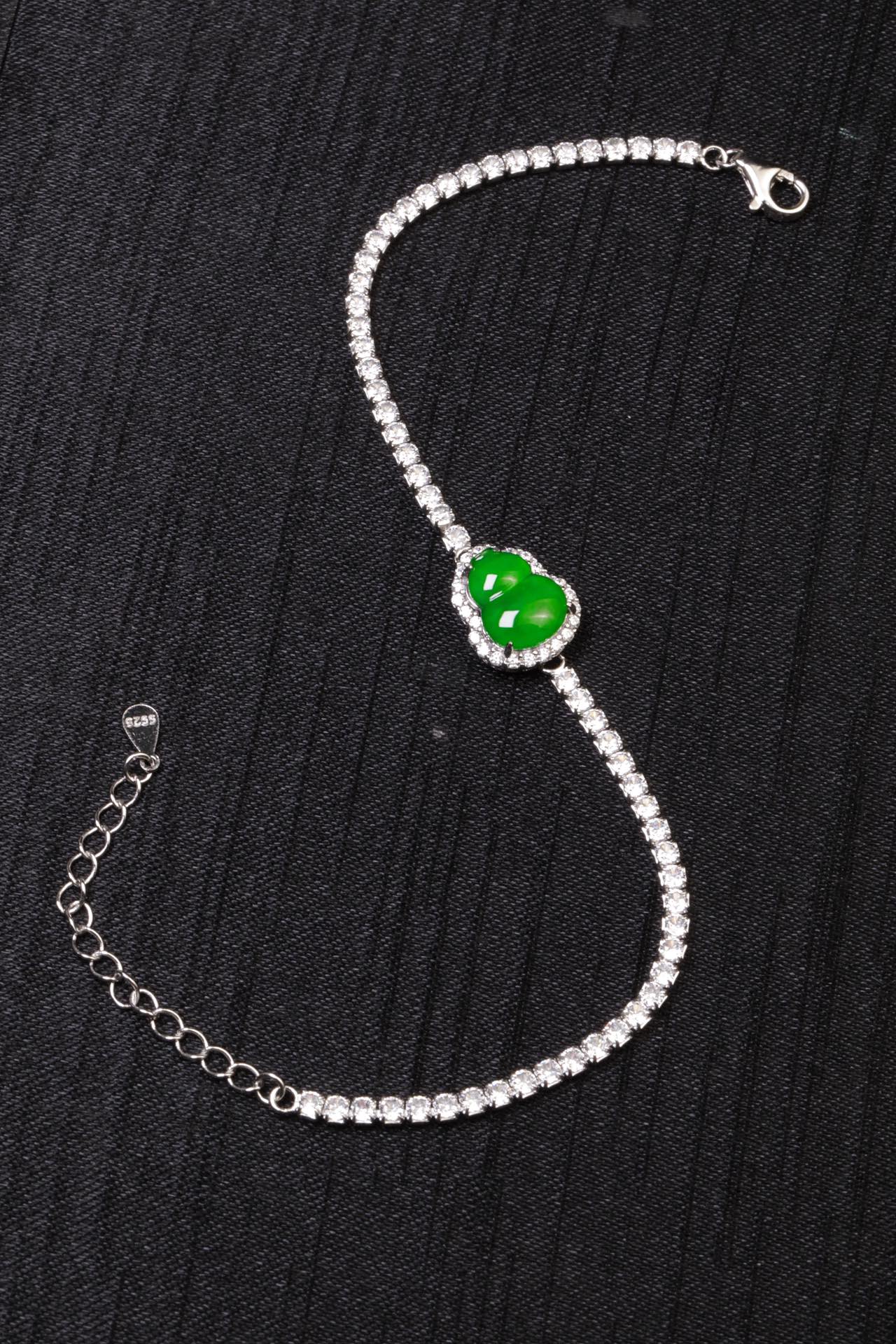 925 Silver Gourd and Jadeite Bracelet (Overall dimensions: 220mm x 10.2mm x 5.5mm)