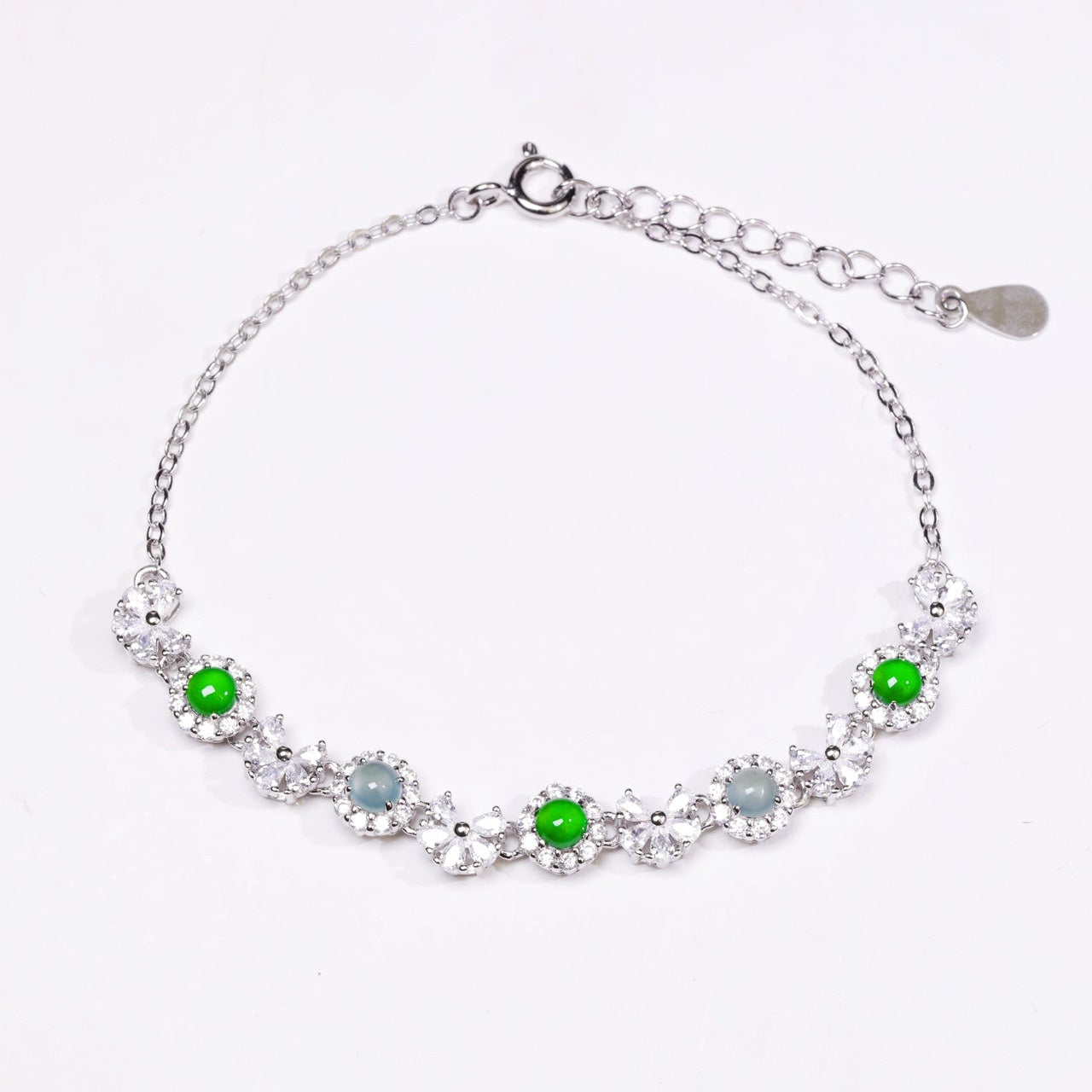 925 Silver Bracelet with Alternating Blue-Green Jadeite Oval Cabochons (Overall Dimensions: 200mm x 5.1mm x 3.9mm)