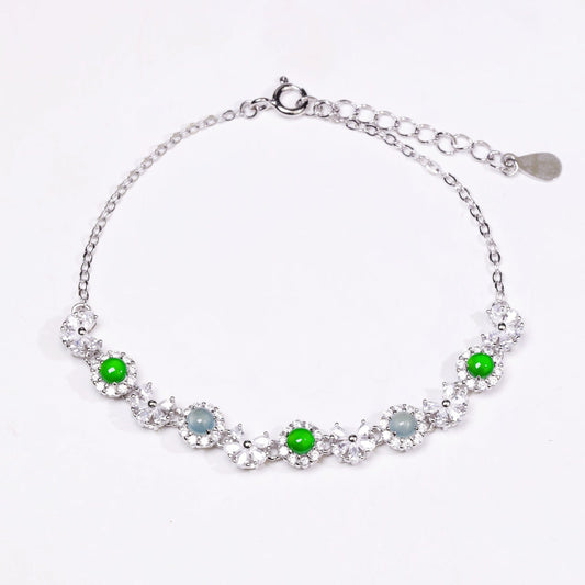925 Silver Bracelet with Alternating Blue-Green Jadeite Oval Cabochons (Overall Dimensions: 200mm x 5.1mm x 3.9mm)