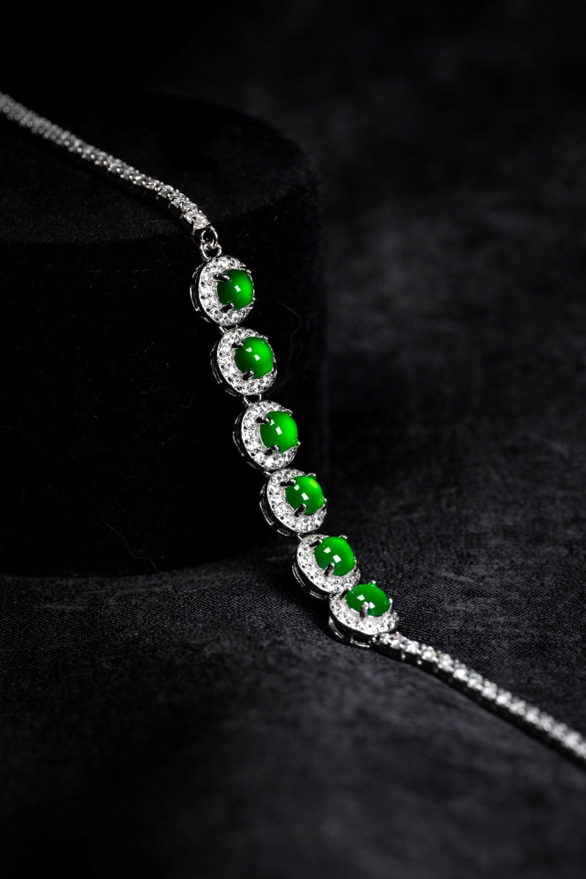 925 Silver Jadeite Bracelet with Oval Cabochons (Overall Dimensions: 150mm x 6.9mm x 4.7mm)