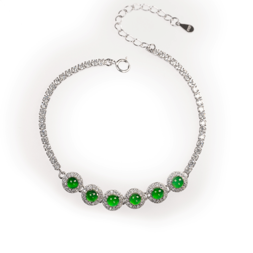 925 Silver Jadeite Bracelet with Oval Cabochons (Overall Dimensions: 150mm x 6.9mm x 4.7mm)
