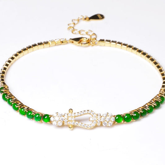 925 Silver Jadeite Bracelet with Oval Cabochons (Overall Dimensions: 180mm x 6.9mm x 2mm)