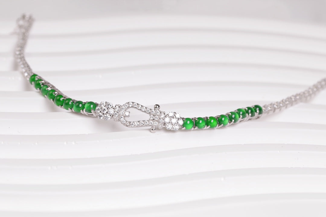 925 Silver and Oval Jadeite Cabochon Bracelet (Overall Dimensions: 200mm x 8.6mm x 4.2mm)