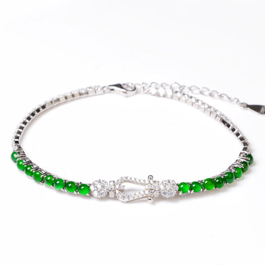 925 Silver and Oval Jadeite Cabochon Bracelet (Overall Dimensions: 200mm x 8.6mm x 4.2mm)