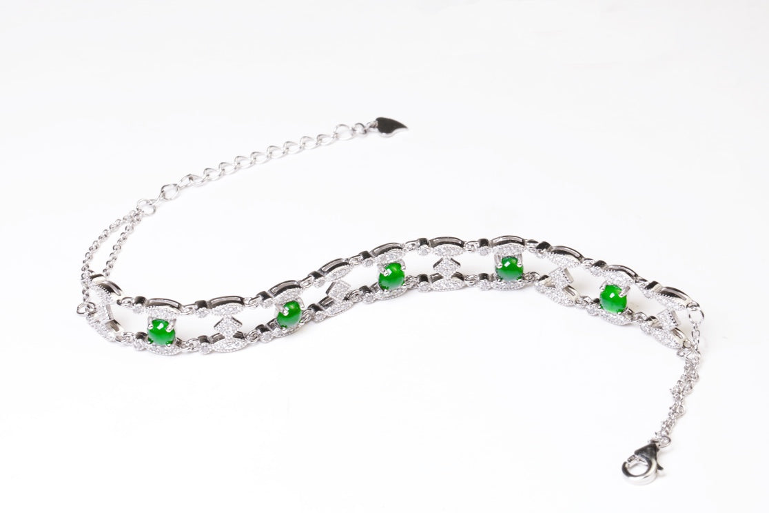 925 Silver H-Link Bracelet with Oval Jade Cabochons (Overall Dimensions: 210mm x 8.1mm x 4.1mm)