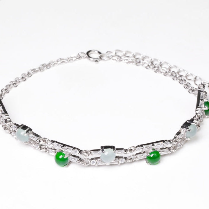 925 Silver Bracelet with Alternating Blue-Green Jadeite Cabochons (Overall Dimensions: 210mm x 5.6mm x 4.2mm)