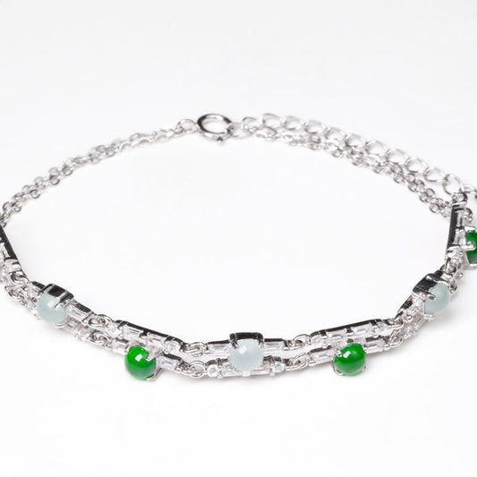 925 Silver Bracelet with Alternating Blue-Green Jadeite Cabochons (Overall Dimensions: 210mm x 5.6mm x 4.2mm)