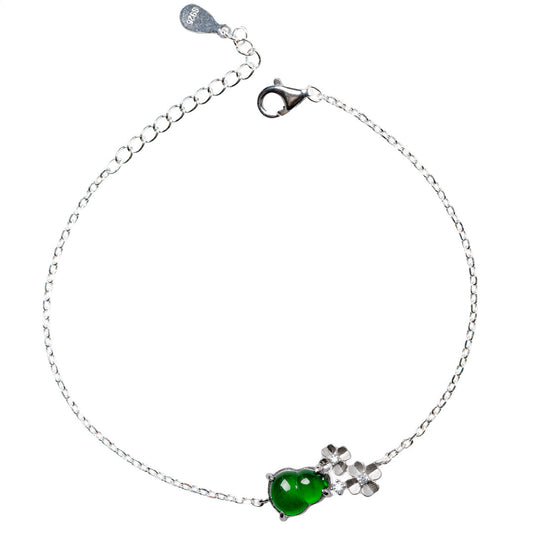 925 Silver and Jadeite Bracelet with Floral and Gourd Motifs (Overall Dimensions: 200mm x 8.6mm x 4.2mm)