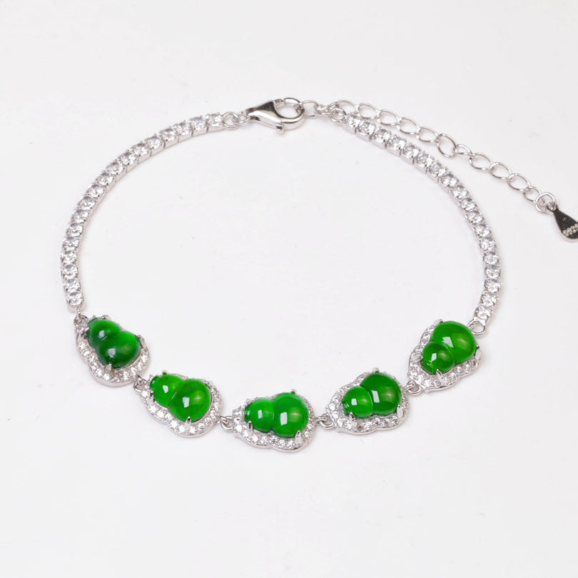 925 Silver and Jadeite Bracelet with Interconnected Gourd Links (Overall Dimensions: 220mm x 8mm x 4.6mm)