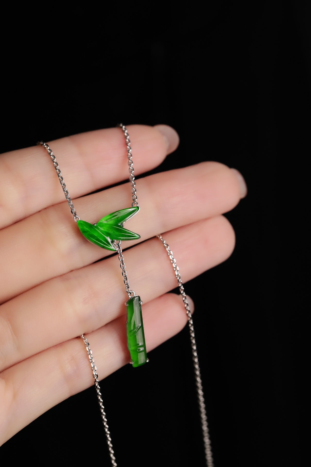 925 Silver "Zhizhu" (Bamboo) Jade Necklace – Overall dimensions: 480mm x 36mm x 3.2mm