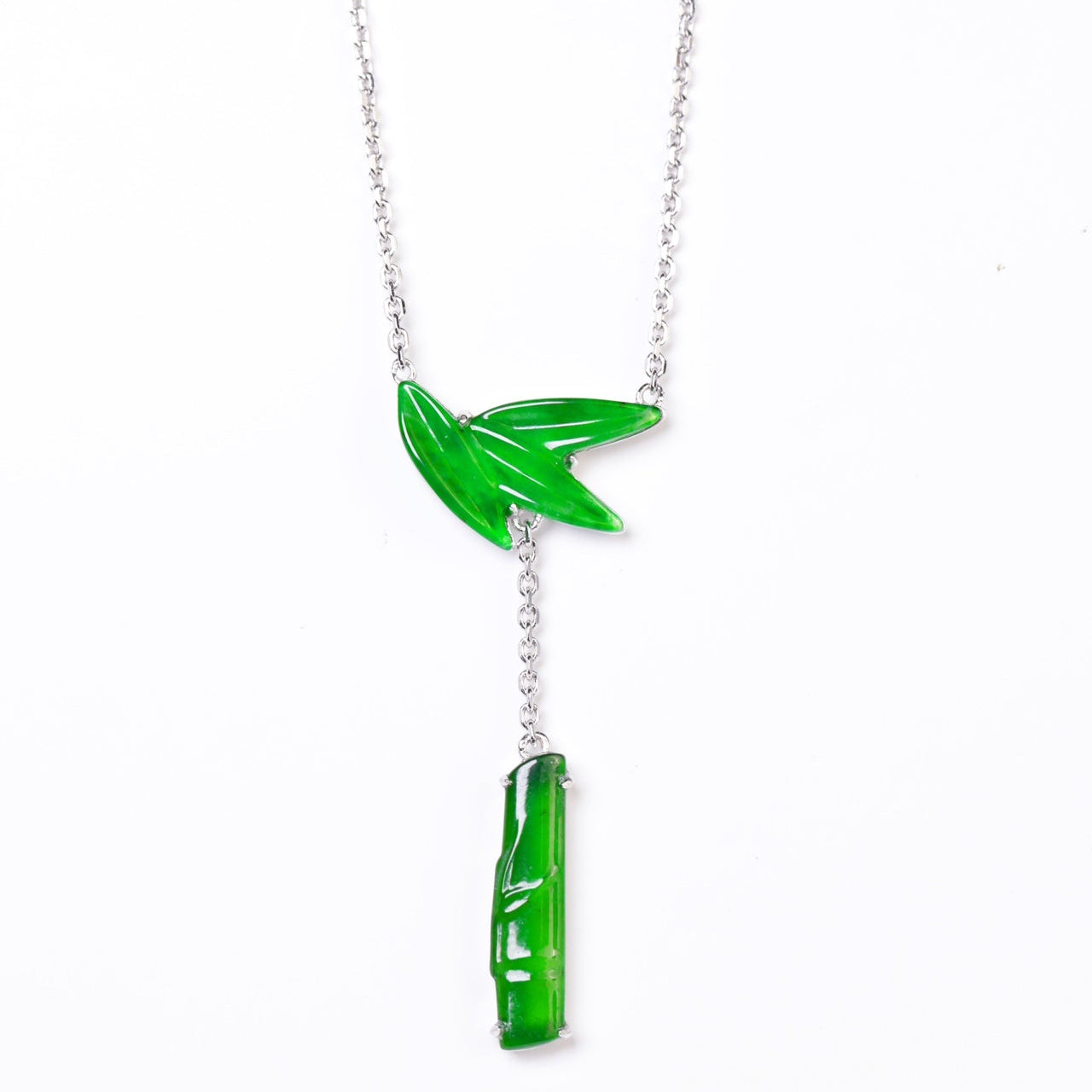 925 Silver "Zhizhu" (Bamboo) Jade Necklace – Overall dimensions: 480mm x 36mm x 3.2mm