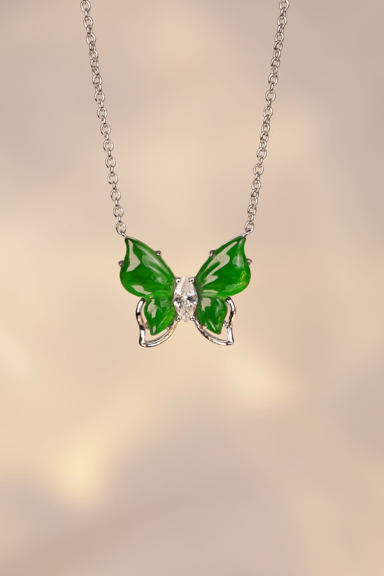 925 Silver Butterfly Jadeite Necklace (Overall dimensions: 450mm x 14.8mm x 4.2mm)