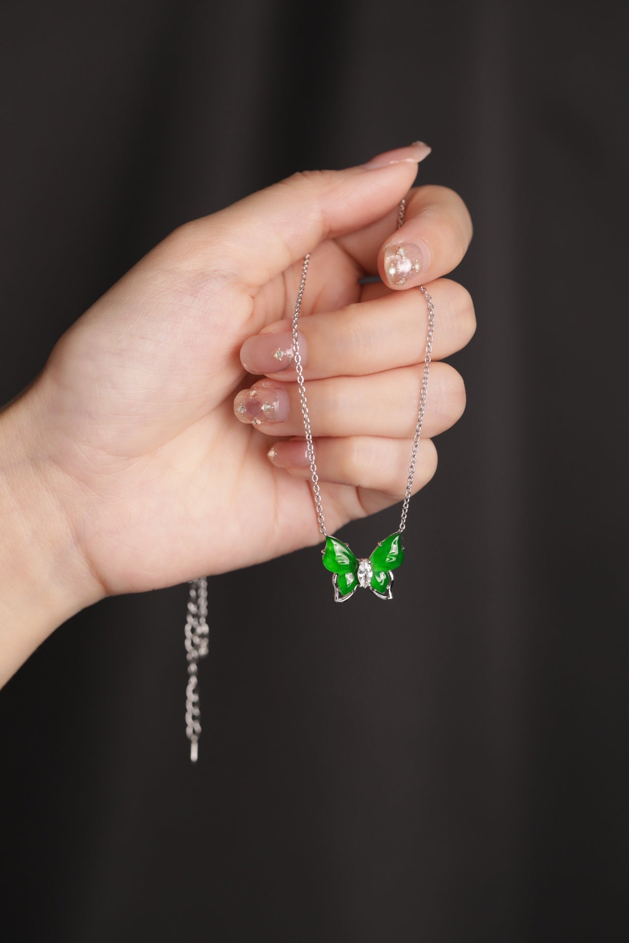 925 Silver Butterfly Jadeite Necklace (Overall dimensions: 450mm x 14.8mm x 4.2mm)