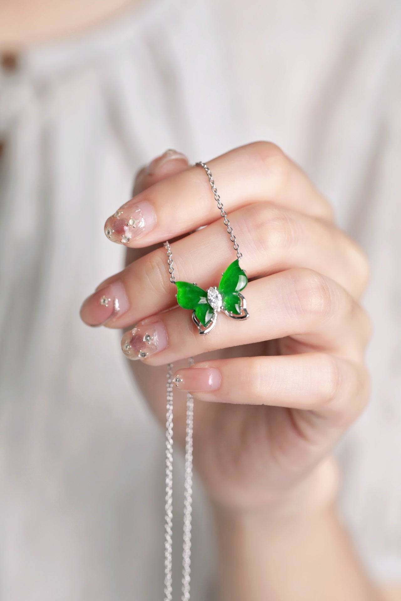 925 Silver Butterfly Jadeite Necklace (Overall dimensions: 450mm x 14.8mm x 4.2mm)