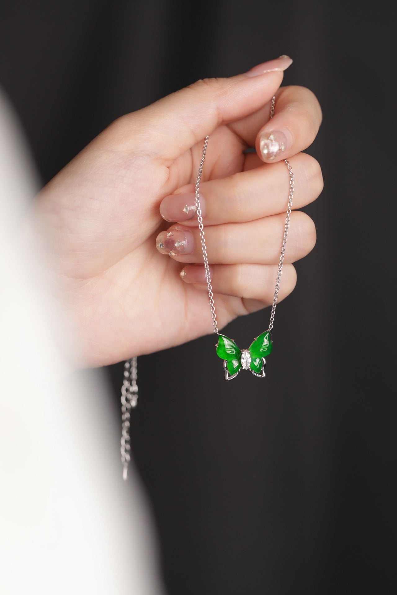 925 Silver Butterfly Jadeite Necklace (Overall dimensions: 450mm x 14.8mm x 4.2mm)