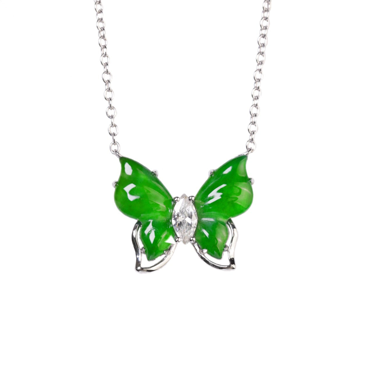 925 Silver Butterfly Jadeite Necklace (Overall dimensions: 450mm x 14.8mm x 4.2mm)