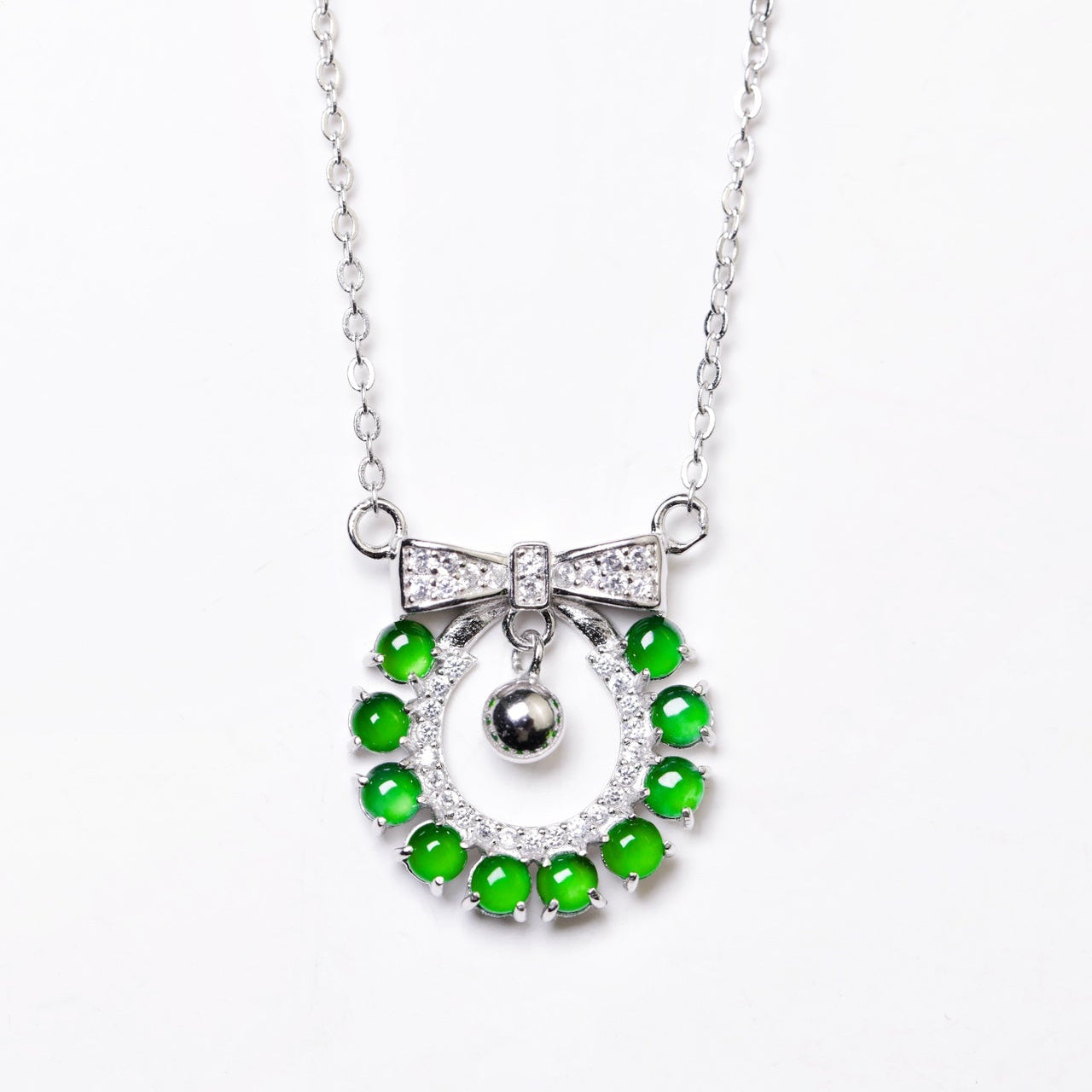 925 Silver Bowknot Jadeite Necklace (Overall Dimensions: 490mm x 17.6mm x 3.4mm)