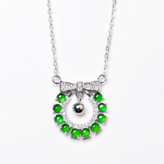 925 Silver Bowknot Jadeite Necklace (Overall Dimensions: 490mm x 17.6mm x 3.4mm)