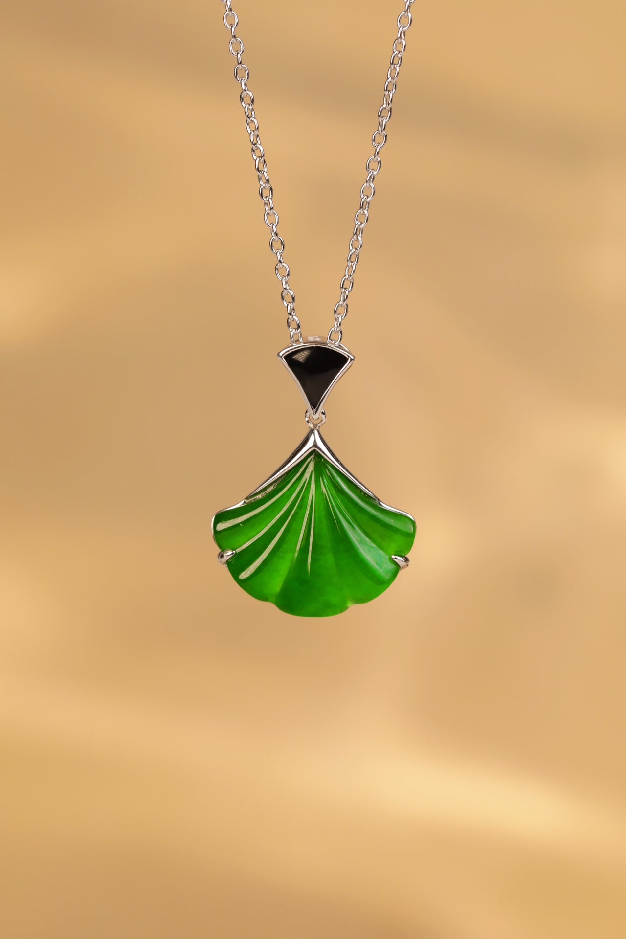 925 Silver "Ginkgo Charm" Jadeite Necklace (Overall dimensions: 480mm x 20mm x 4.5mm)