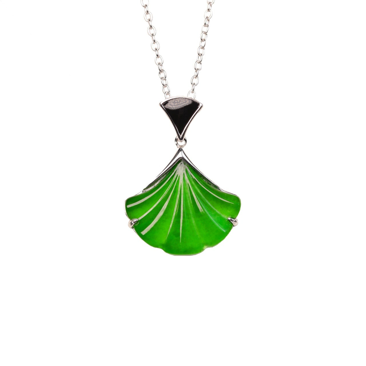 925 Silver "Ginkgo Charm" Jadeite Necklace (Overall dimensions: 480mm x 20mm x 4.5mm)