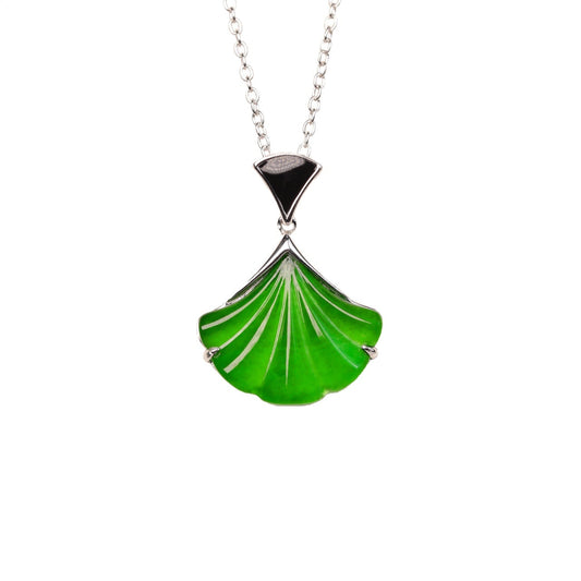 925 Silver "Ginkgo Charm" Jadeite Necklace (Overall dimensions: 480mm x 20mm x 4.5mm)