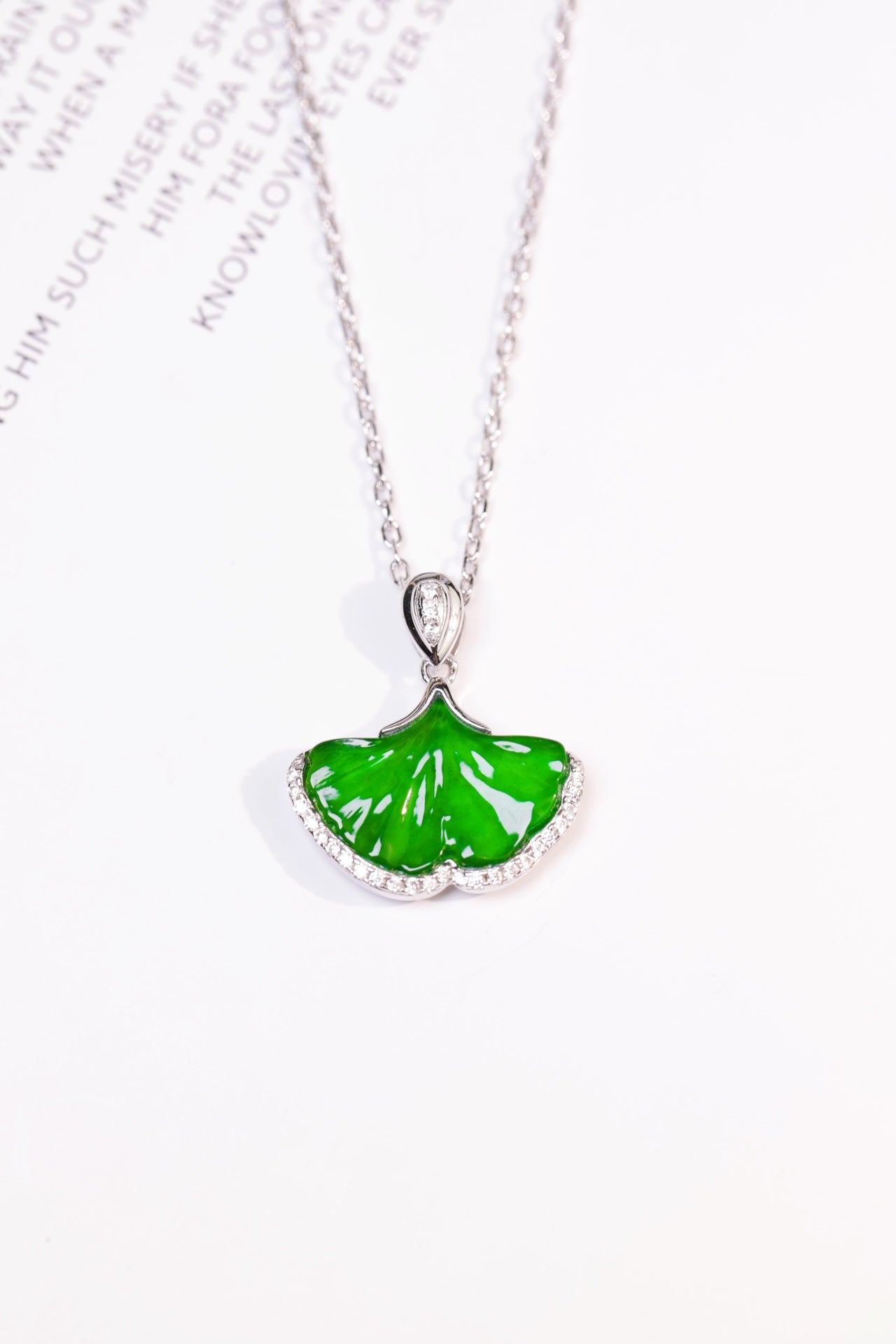 925 Silver Ginkgo Leaf Jadeite Necklace (Overall Dimensions: 460mm x 19.9mm x 4.7mm)
