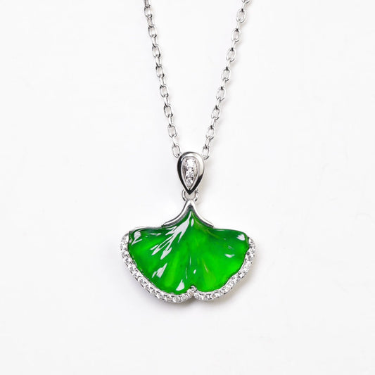 925 Silver Ginkgo Leaf Jadeite Necklace (Overall Dimensions: 460mm x 19.9mm x 4.7mm)