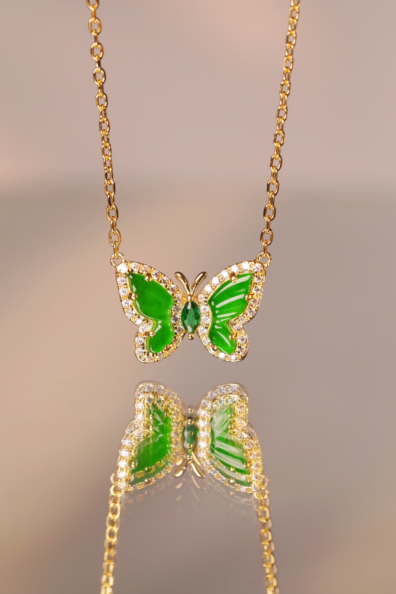 925 Silver Butterfly Jadeite Necklace (Overall Dimensions: 460mm x 10.7mm x 3.4mm)