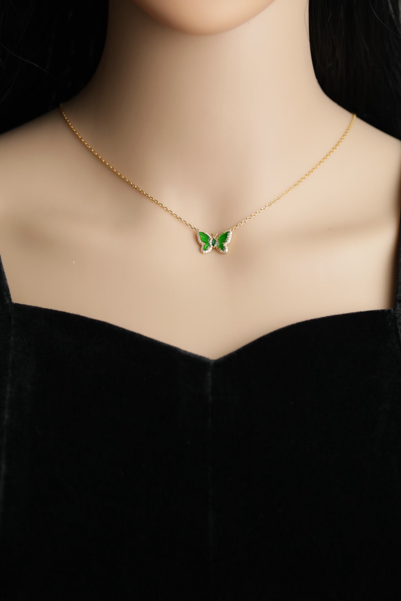 925 Silver Butterfly Jadeite Necklace (Overall Dimensions: 460mm x 10.7mm x 3.4mm)